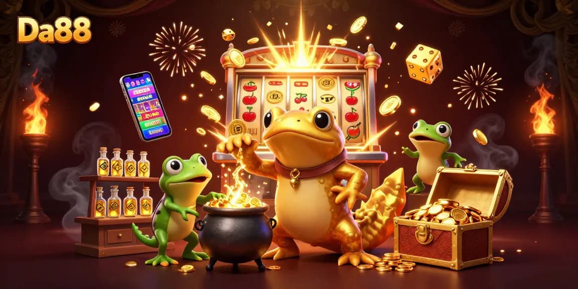 Experience thrilling wins at Da88 with giant alchemist turning metals into gold amid casino excitement.
