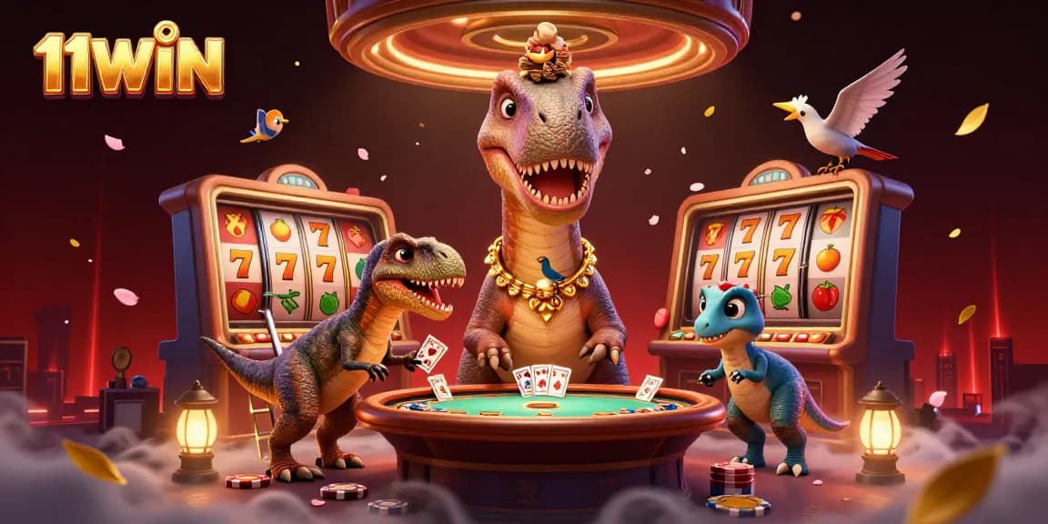 Engage with thrilling gameplay at 11WIN with vibrant casino elements including cards and lucky symbols.