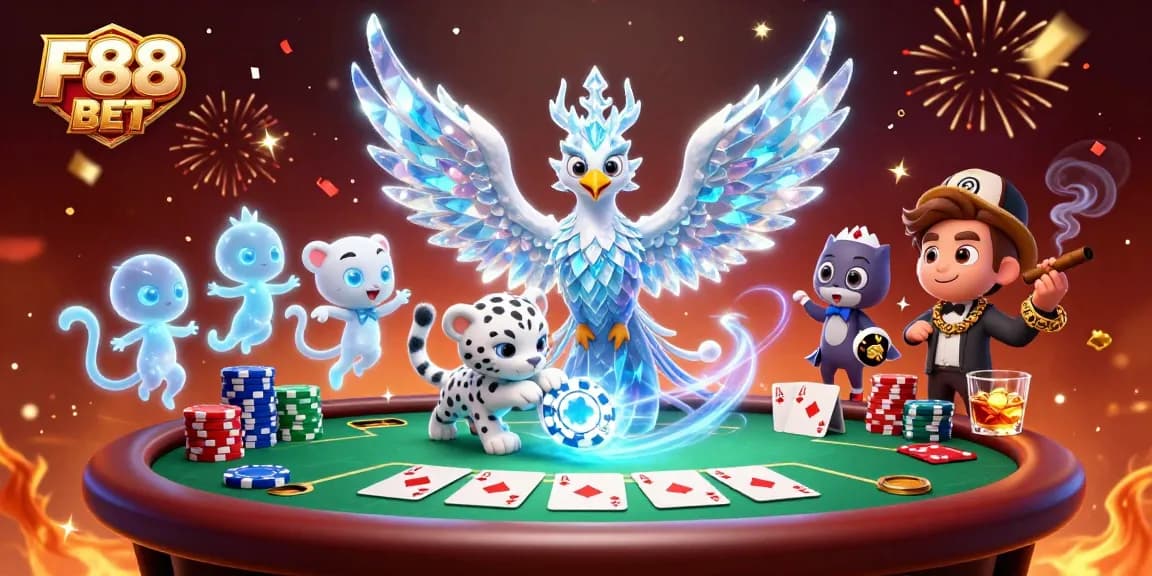 Experience thrilling poker action with F88 BET as colorful characters immerse in a vibrant casino scene.