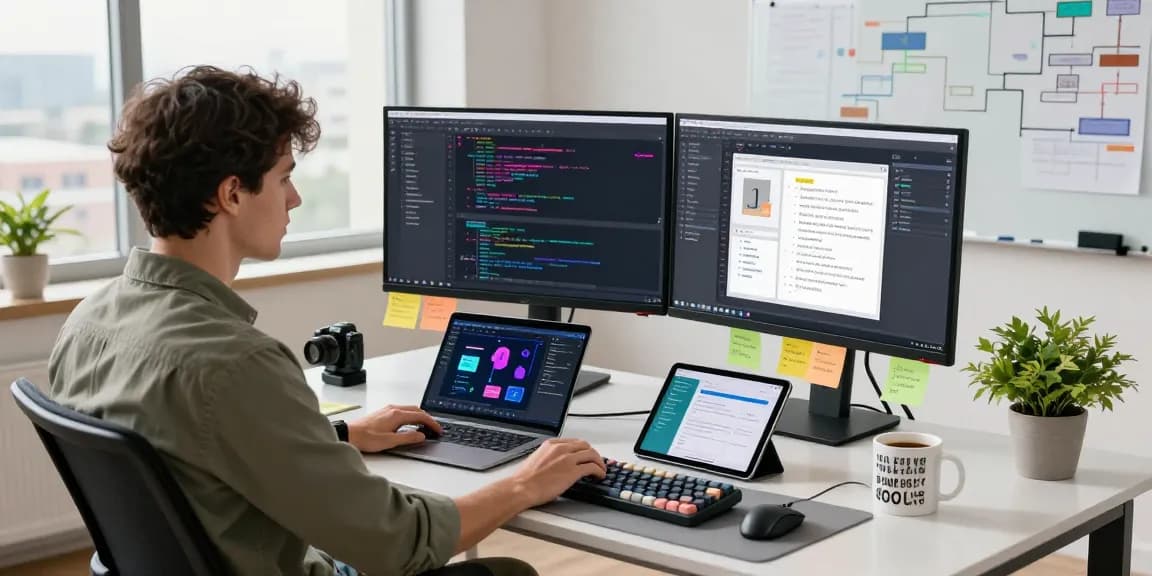 Developer creating internal tools with AI in a bright workspace.