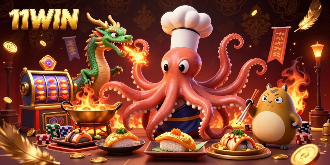 Engage in gaming excitement at 11WIN with a vibrant casino scene featuring an animated octopus chef.