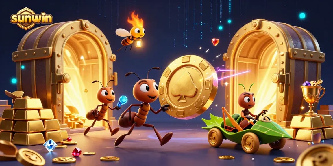 Sunwin ants execute a heist, racing with a giant poker chip under a lantern, capturing casino excitement.