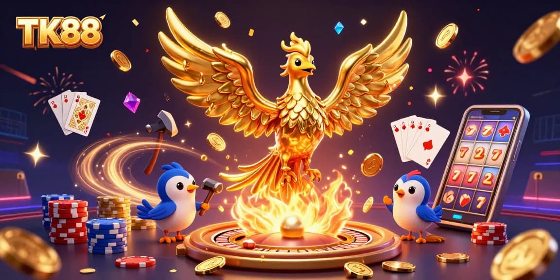 Play exciting games at TK88 with a captivating 3D digital illustration showcasing casino elements.