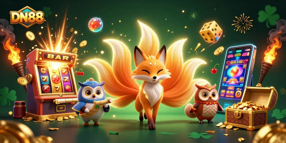 Experience the vibrant world of DN88's online gaming with a lively 3D illustration featuring enchanting characters and exhilarating casino elements.