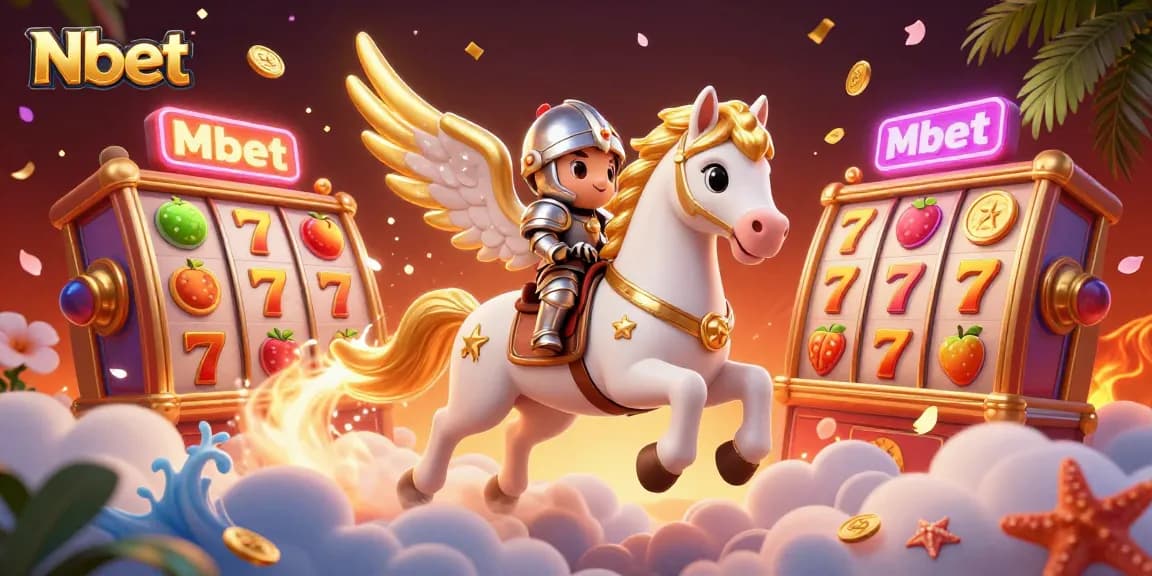 Nbet features a galloping celestial horse and armored knight surrounded by casino elements like jackpot reels.
