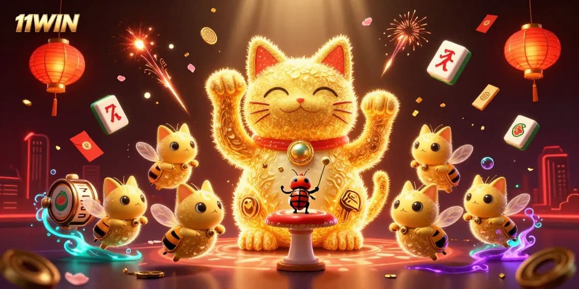 Engage with 11WIN through a vibrant 3D illustration featuring a lucky cat, casino symbols, and festive elements.