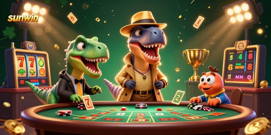 Sunwin's dynamic 3D casino scene showcases a velociraptor card counter, stegosaurus pit boss, and compy pickpocket at a blackjack table.