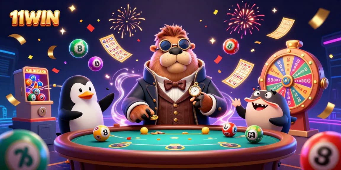 Experience thrilling poker action with 11WIN's jolly walrus and colorful casino elements.