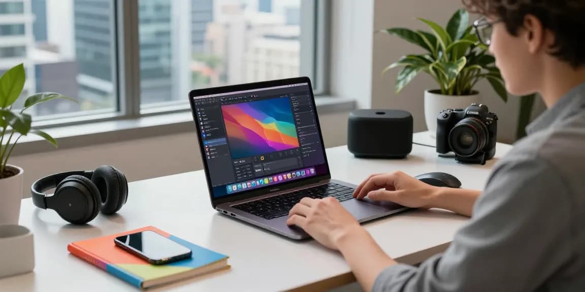 The M5 MacBook in a modern workspace, showcasing multitasking capabilities and a vibrant tech environment.
