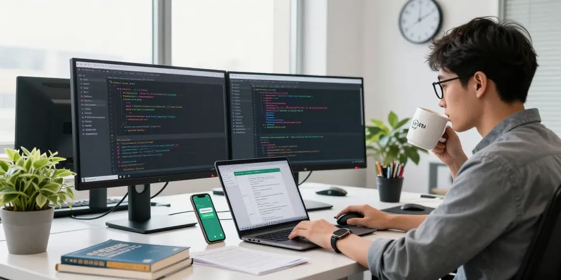 WhatsApp下載 scene: Developer coding in a modern office, showcasing WhatsApp interface on multiple screens, vibrant workspace, and nature light.