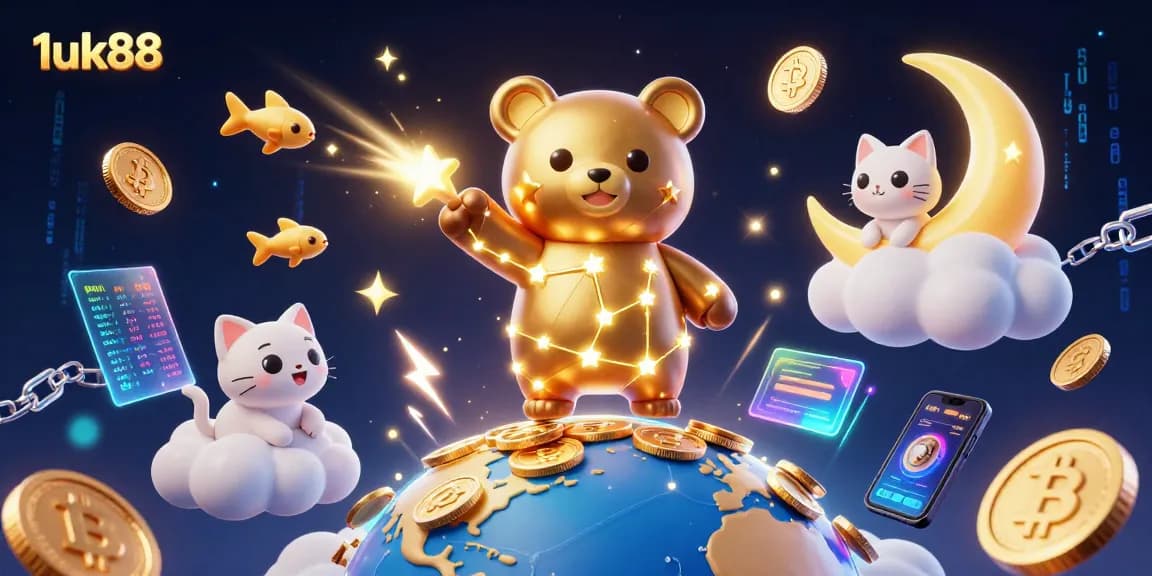 Engage with 1uk88’s dazzling casino illustration featuring cosmic characters and vibrant gaming elements.
