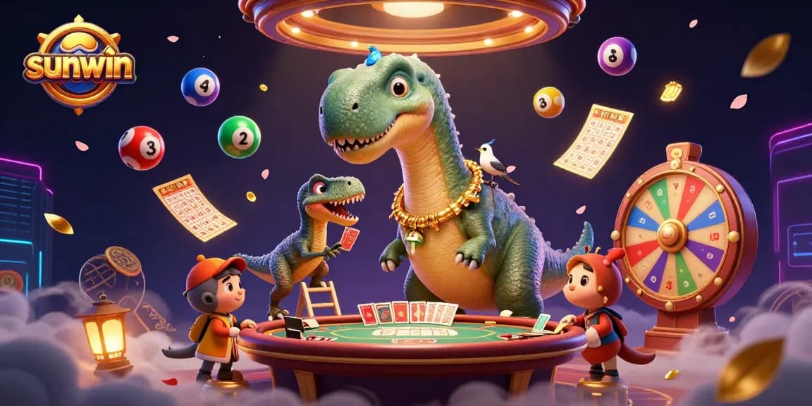 Experience thrilling gaming fun at sunwin with a vibrant dinosaur casino scene filled with joy.