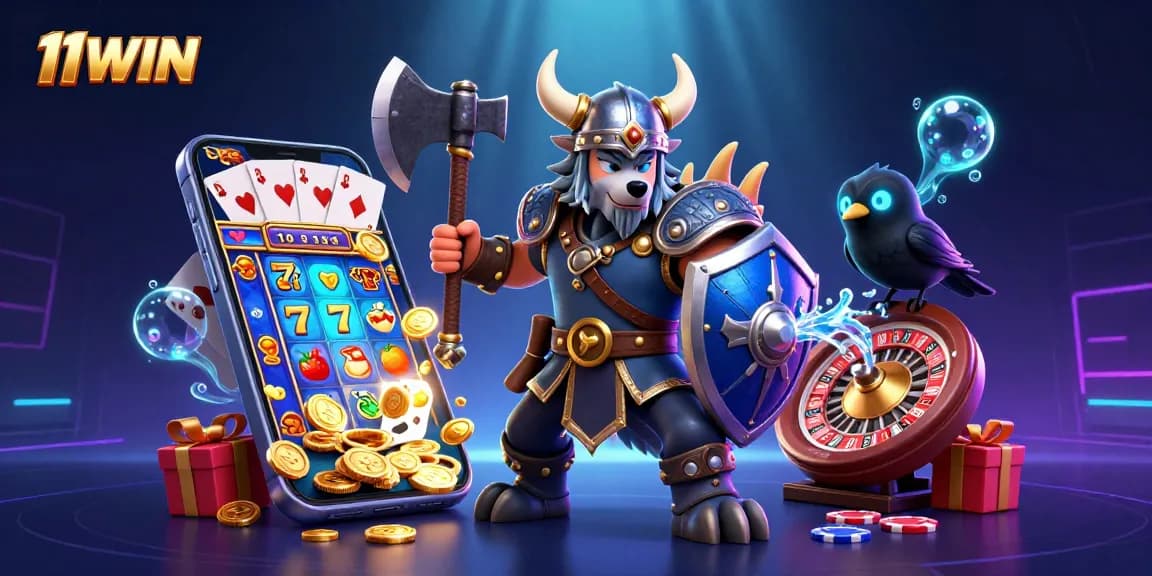Engage with the slots adventure at 11WIN featuring a Viking warrior, dragon, and exciting gaming elements.