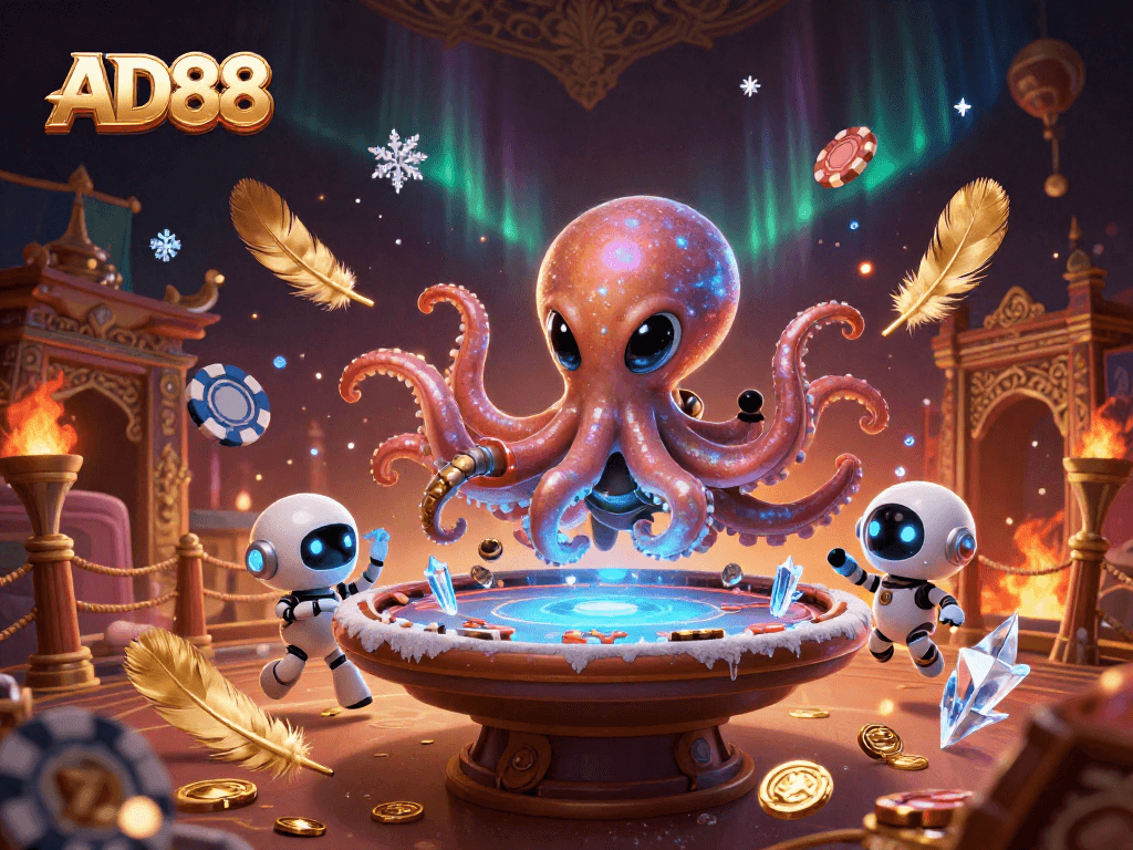 AD88 alien octopus engages in holographic poker surrounded by casino elements and gold coins