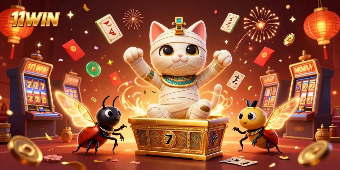 Experience the excitement of 11WIN with a vibrant casino scene featuring a mummy cat and scarab.