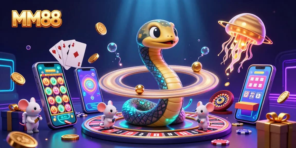 Engaging MM88 casino scene with a Saturn ring snake and astronaut mice placing bets.