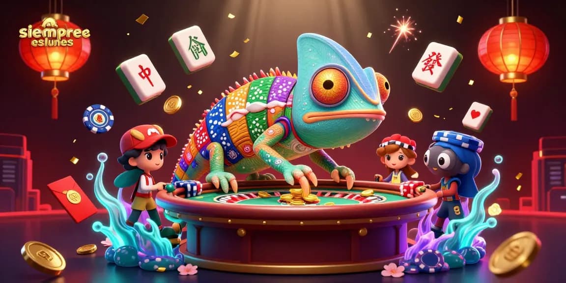 Experience thrilling moments at siempreeslunes with a vibrant casino scene featuring animated chameleon and game elements.