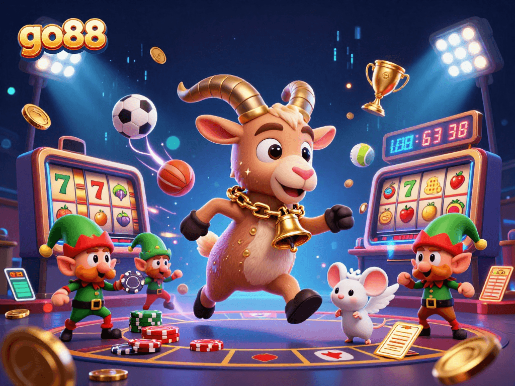 Bet on go88 with festive casino chaos featuring Krampus, angel mouse, and gremlins stealing chips.