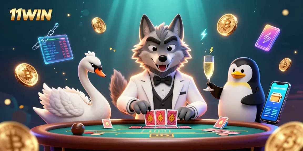 Experience the vibrant energy of 11WIN with a debonair wolf, elegant swan, and sophisticated penguin in a lively casino scene.