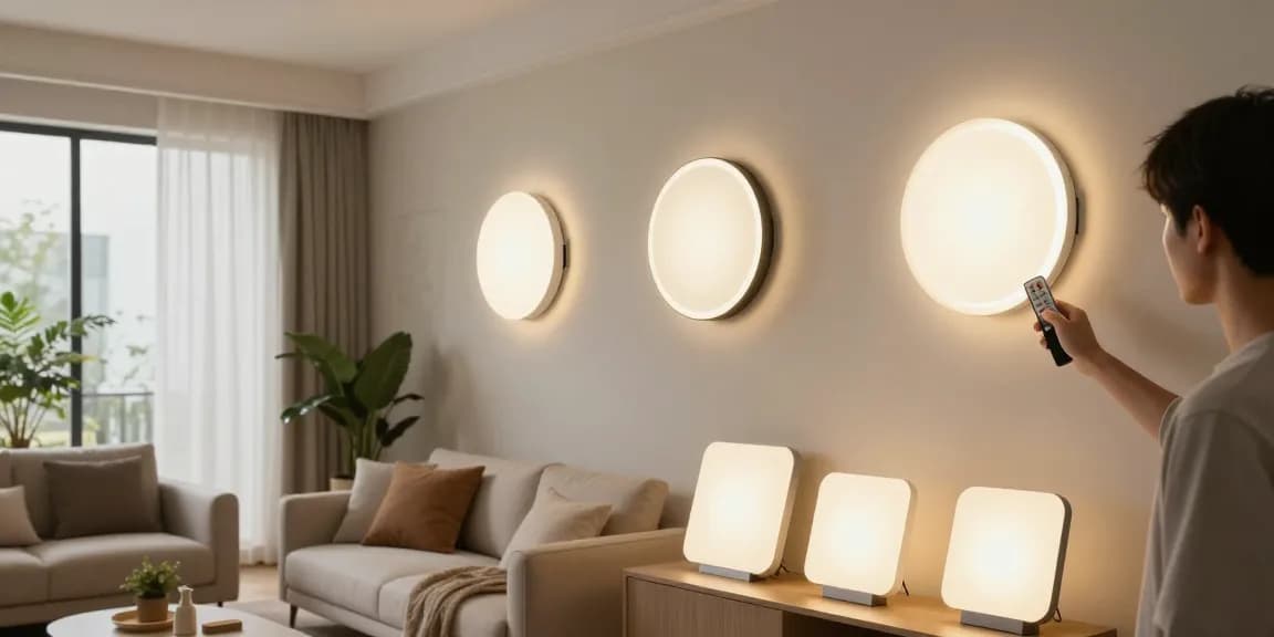 Iluminat modern cu aplica LED în interior elegant, ajustând luminositatea cu telecomanda.