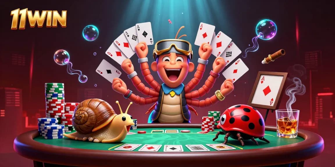 Engage with thrilling poker action at 11WIN featuring a millipede dealer, snail high-roller, and vibrant chips.