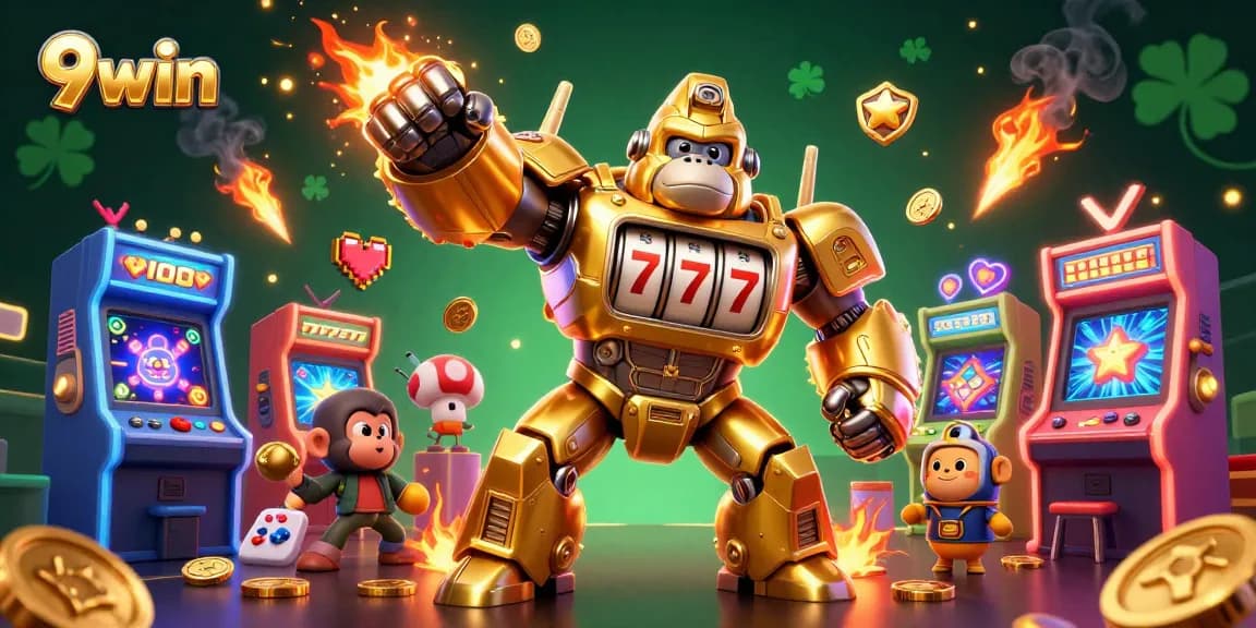 9win showcases an epic golden gorilla mech amidst casino games and vibrant elements.