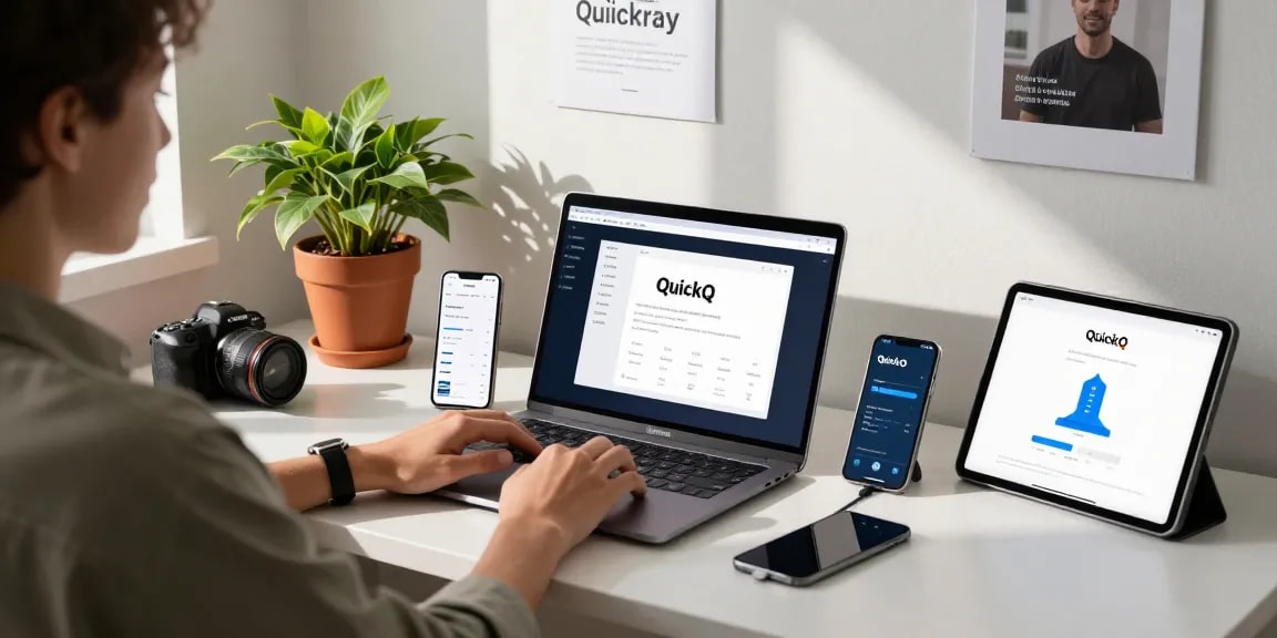 快速连接和稳定网络体验，使用QuickQ软件的现代家办公场景