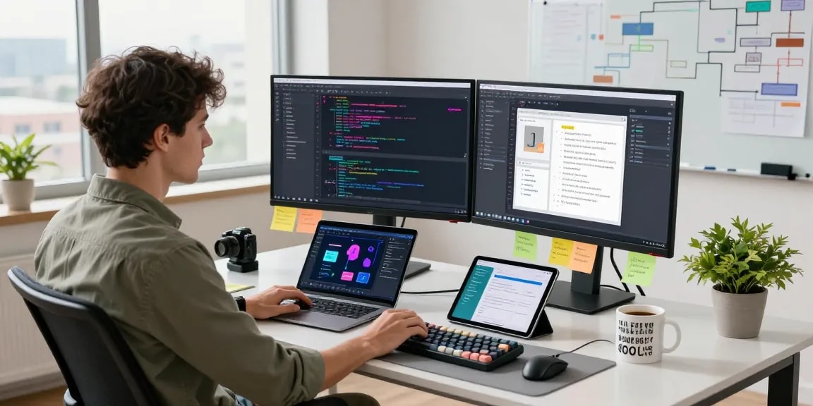 Developer creating internal tools with AI in a bright workspace.