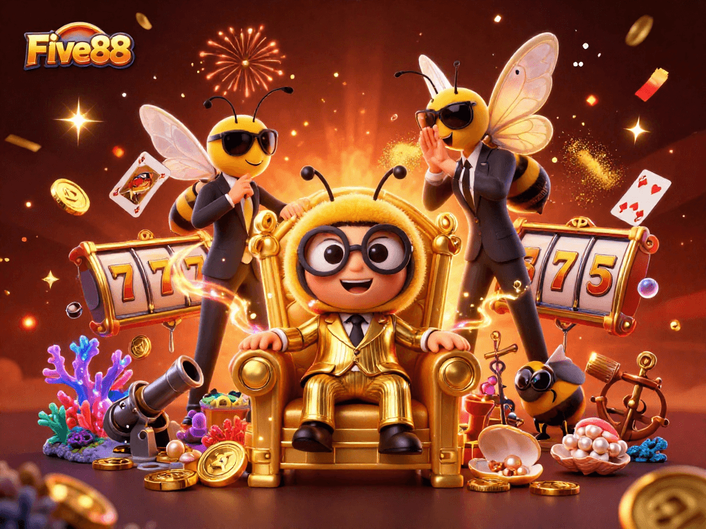 Experience thrilling wins at Five88 with a vibrant 3D casino illustration capturing the excitement of gambling.