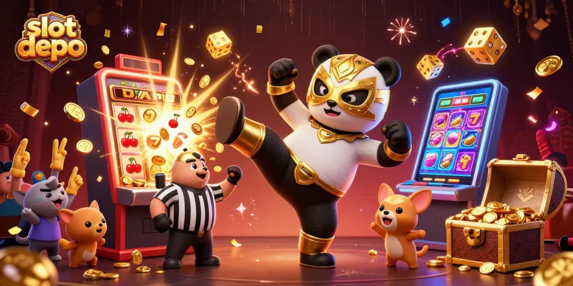 The dynamic action of slot depo 5000 with a wrestler panda and a referee amidst a jackpot explosion of coins.