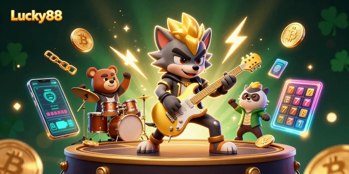 Experience Lucky88 with a vibrant 3D casino scene featuring an energetic rock star wolf and drummer bear.