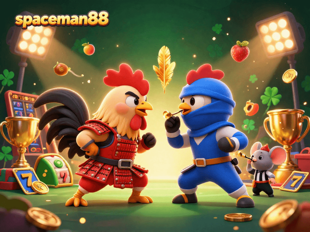 Win big with spaceman88 in this dynamic casino showdown depicting cartoon roosters and jackpot action.