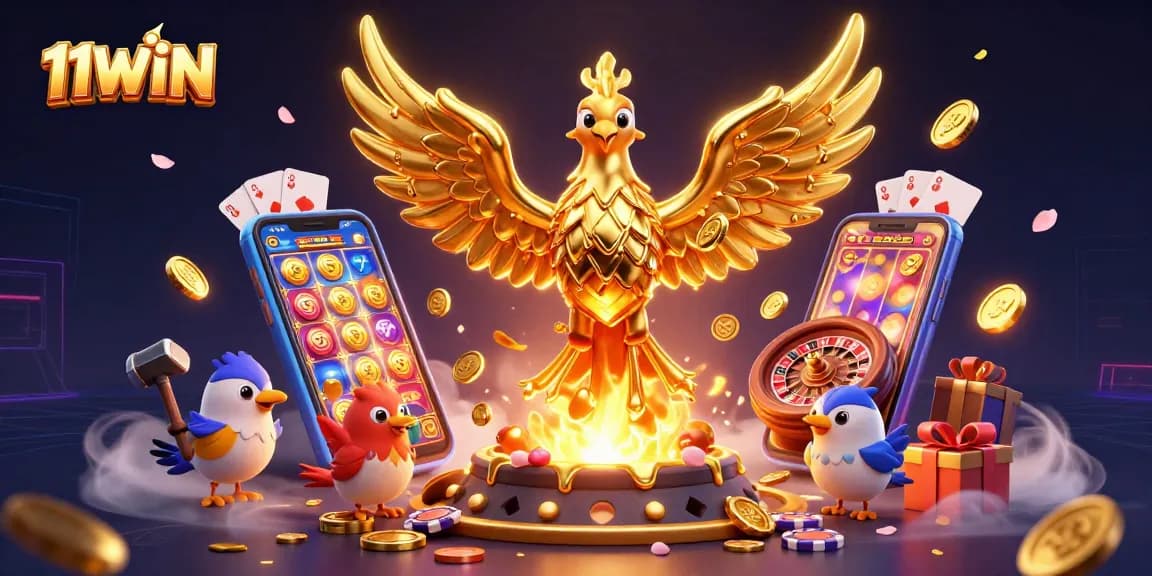 Experience the thrill of winning at 11WIN with a dynamic 3D casino illustration of a phoenix and gaming elements.