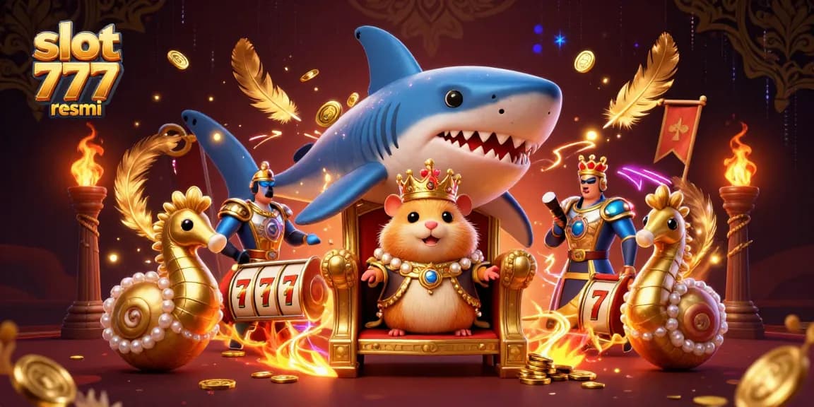 Experience the thrill of slot 777 resmi with an illustrated golden hamster king in a dynamic casino scene.