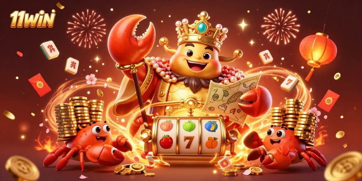 Spin and win big with 11WIN as the golden crab emperor leads a festive casino adventure!
