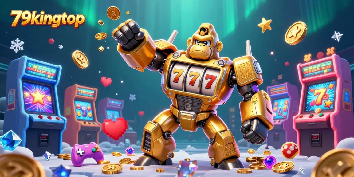Engage in thrilling gaming with 79kingtop's golden gorilla mech amid vibrant slot reels.