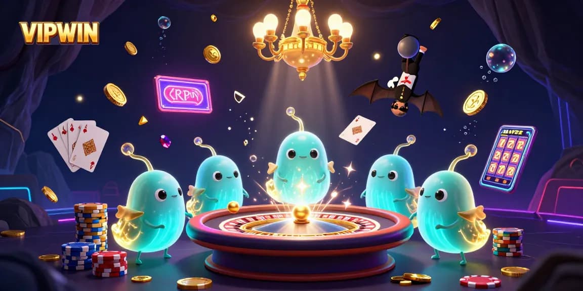 Experience VIPWIN's vibrant cave casino with glowworms playing and sparkling treasures.
