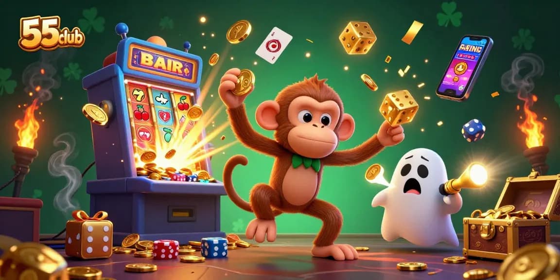 Explore the thrilling 55club casino scene with vibrant juggled coins and excited characters.