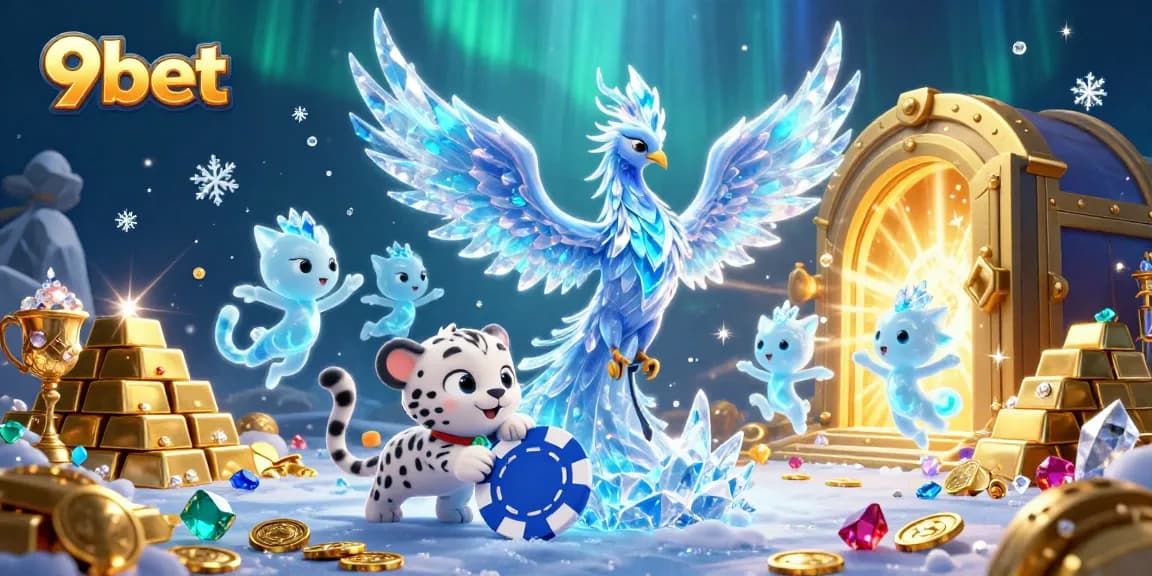 Experience vibrant gameplay at 9bet casino with our ice phoenix and playful leopards amidst sparkling treasures.