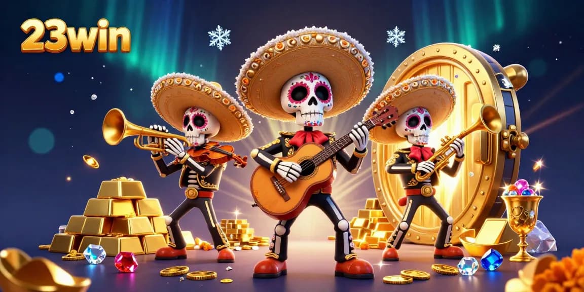 Experience thrilling moments with 23win's vibrant online casino atmosphere, featuring lively characters and treasures.