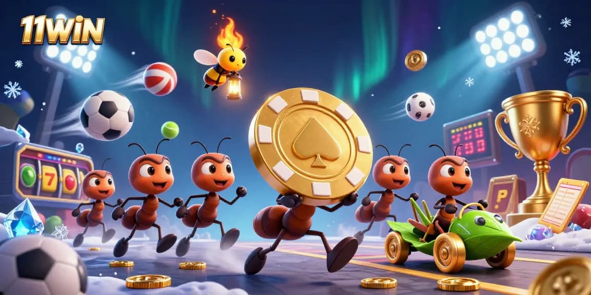 Engage in the thrilling heist at 11WIN featuring charming ants amid golden poker chips and lively sports elements.