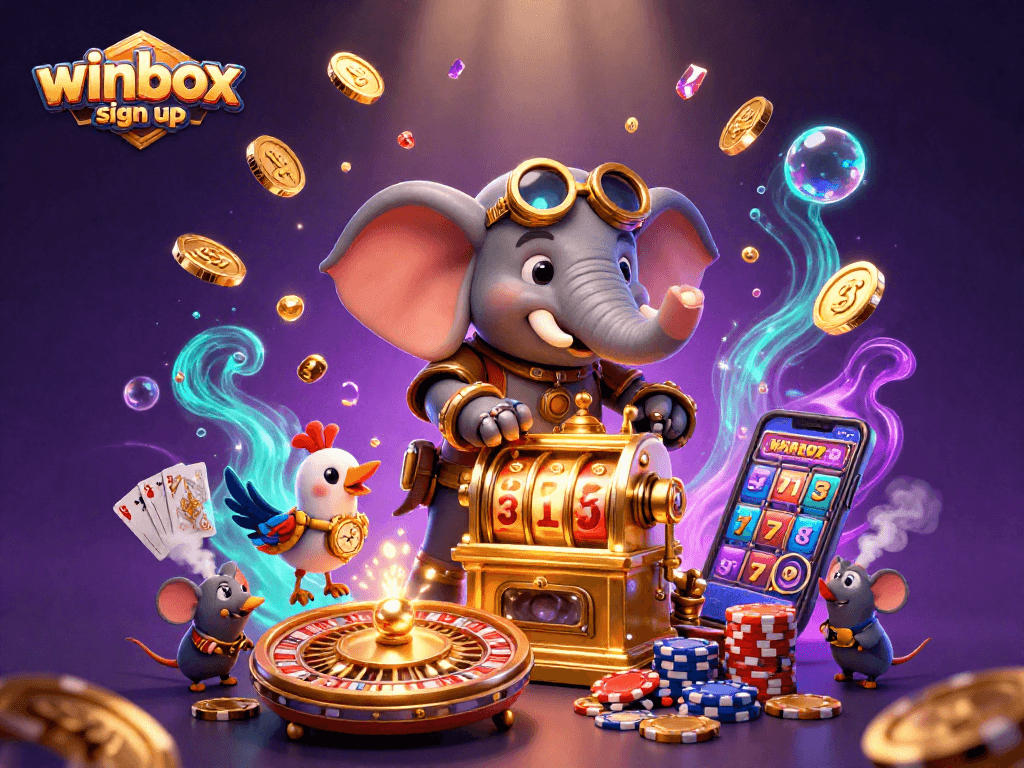 Winbox sign up in action with a steampunk elephant engineer and dynamic gaming elements.
