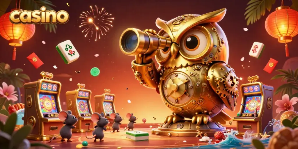 Engaging casino illustration showcasing a clockwork owl overlooking vibrant slot machines.