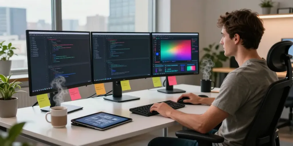 Software engineer optimizing instant indexing on multiple monitors in a modern workspace.