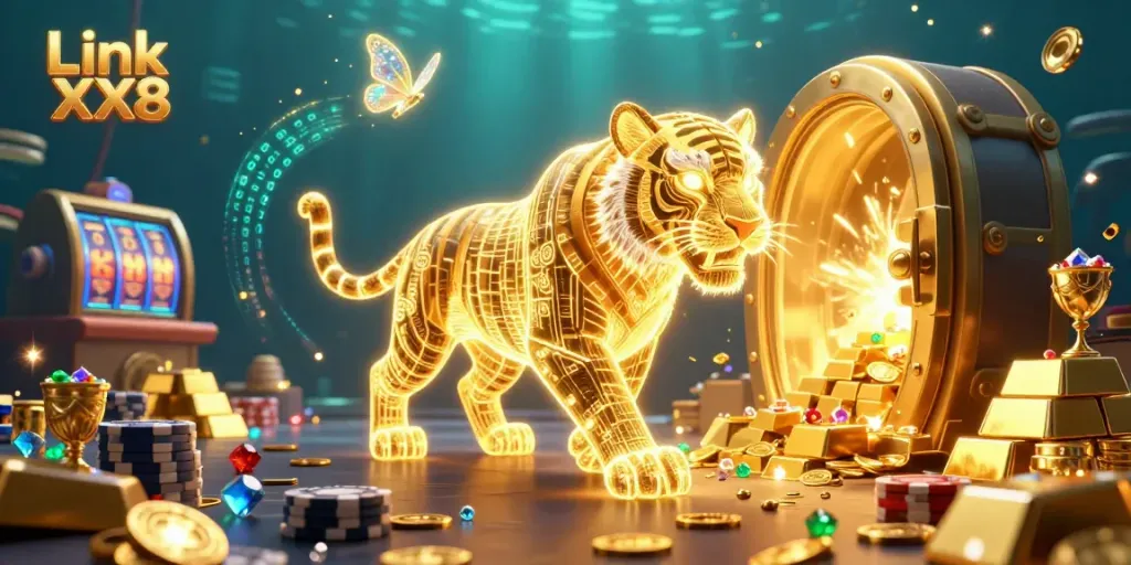 Experience Link XX8's thrilling casino atmosphere with a golden tiger amidst glowing slot reels.