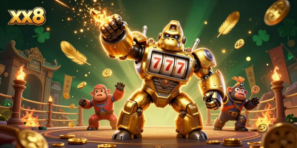 Experience the thrill of xx8 with the golden gorilla mech amidst shimmering casino elements.