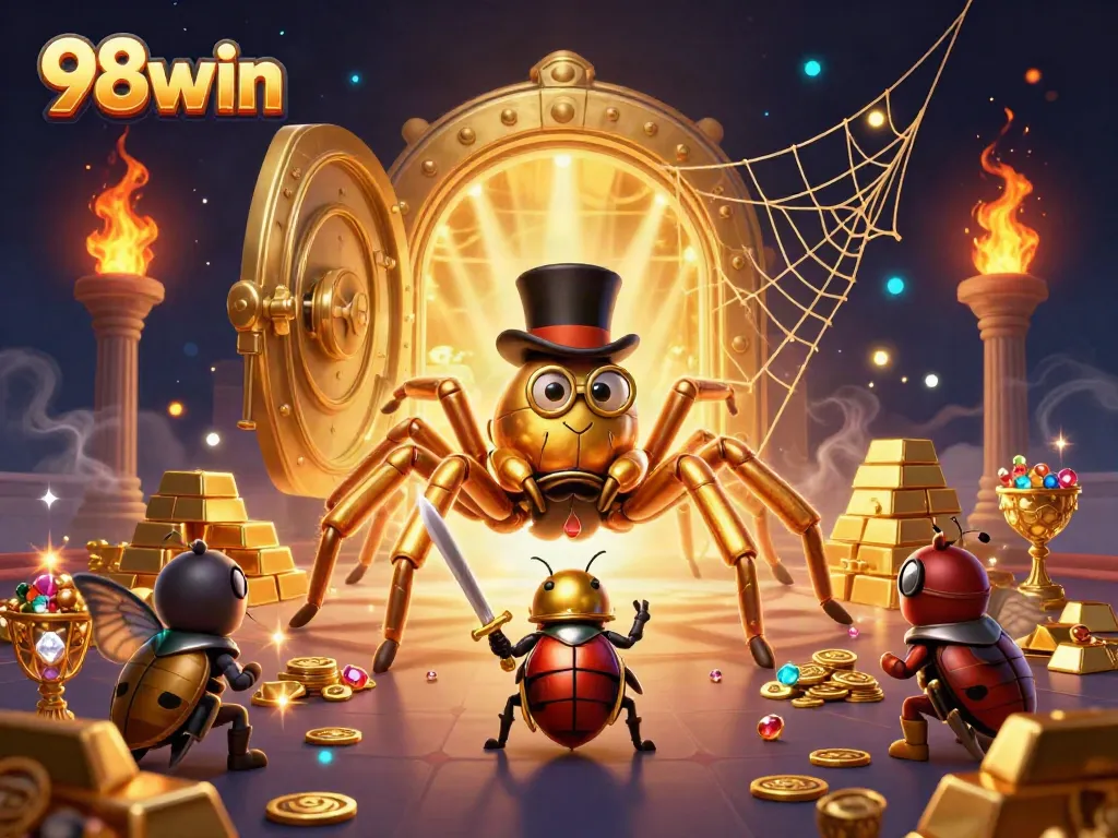 Engage with 98win's dazzling gold treasure vault featuring gaming characters in a vibrant casino scene.
