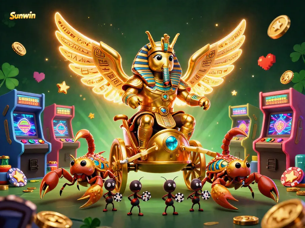 Sunwin casino illustration showcasing a golden scarab beetle and scorpions amidst vibrant gaming elements.