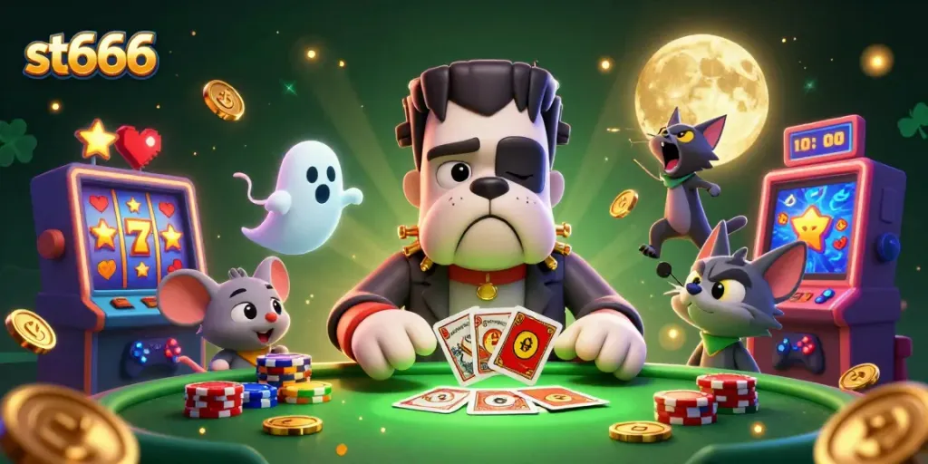 Experience thrilling games at st666 with a charismatic casino scene featuring a Frankenstein bulldog dealer.