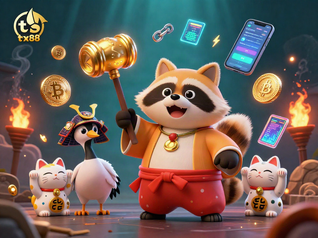 Engage with tx88's vibrant casino scene featuring cheerful tanuki, samurai crane, and fortune cats.